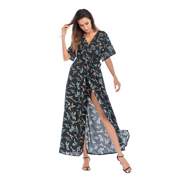 

v-образным вырезом с коротким рукавом европейский и американский стиль шифон шоу тонкий цветочный юбка длиной до колен платье женщины 2020 л, Black;gray