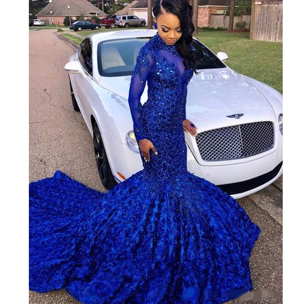 

2020 elegant royal blue long sleeves lace mermaid prom dresses tulle applique beaded 3d floral floor length evening party dresses, Black