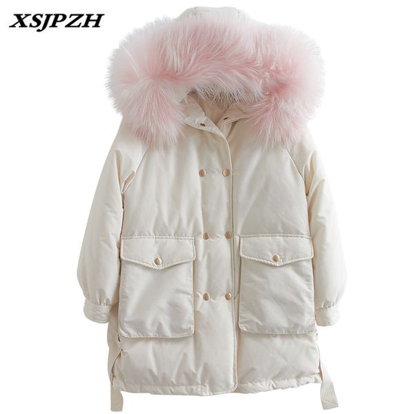 

2018 new women's winter down jacket long section big braid hair collar hooded outer double-breasted retro thick warm coat lb259, Black