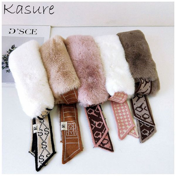 

kasure new fashion faux fur collar scarf for women winter warm skinny knitted neckerchief for ladies muffler, Blue;gray