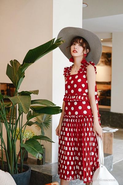

women polka dot print summer dress boho chic fashion fungus edge curling casual elegant evening party sleeveless dress sweet bohemian dress