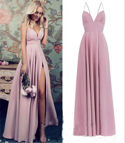

Blush Pink Plus Size Cheap Bridesmaids Dresses 2018 A Line Long Satin High Split Simple Country Beach Maid of Honors Wedding Guest Gowns