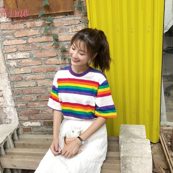

streetwear rainbow color stripes women t shirt casual summer half sleeve loose rainbow striped t shirt tee, White