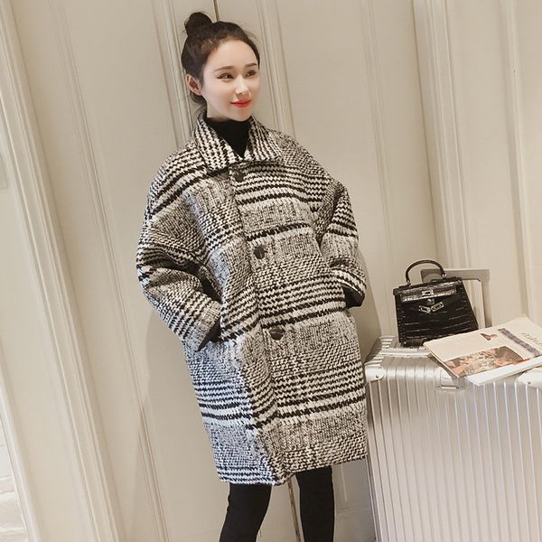 

houndstooth woolen coat female autumn and winter 2019 new long paragraph woolen coat loose version, Black