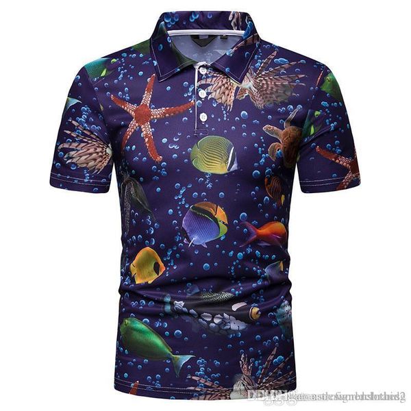 

blue printed designer mens tshirts sea world lapel neck short sleeve mens summer skinny male tees, White;black