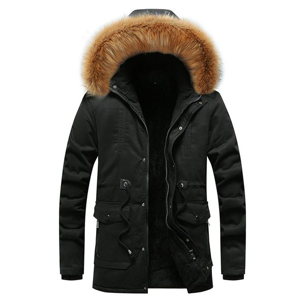 

male overcoat winter warm fluffy coat long hooded cotton black jacket boys lace up thick parka men windbreaker oversized jacket, Tan;black