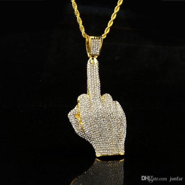 

middle finger diamond necklace street wind heavy drill full diamond alloy big finger pendant vertical middle finger hip hop necklace, Silver