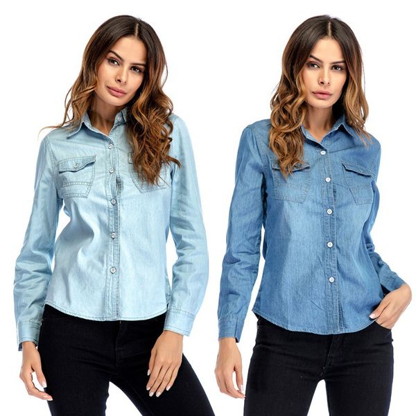 

fashion denim shirt full sleeve casual cotton shirt with two pockets pure color slim cowboy clothes 1 pcs leisure style, White