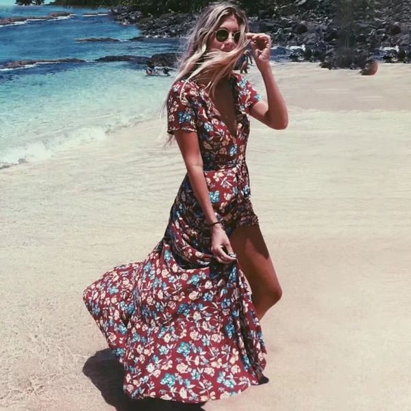 

women summer boho beach dress v neck slit irregular floral print long maxi plus size dresses, Black;gray