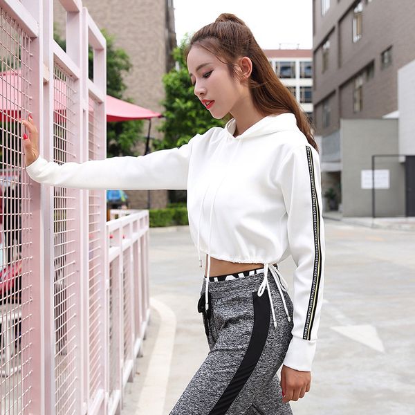 

joker quick-drying long sleeve hoods revealing navel fitness clothes running jacket pullover sports fitness clothes, Black;brown