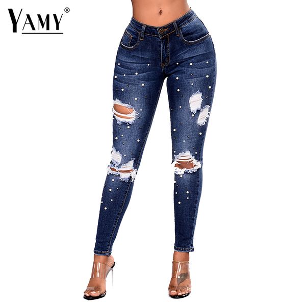 

2018 pearl jeans women street skinny high wiast jeans plus size winter frayed ripped for women denim pencil pants, Blue