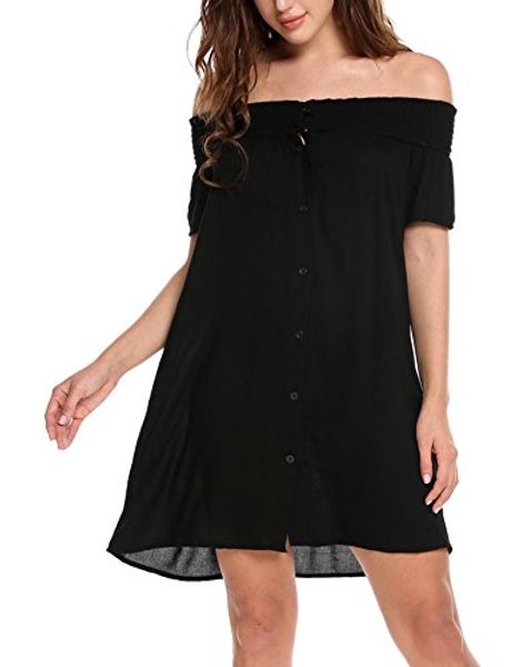 

zeagoo women's casual off shoulder ruffle sleeve loose summer dress, Black;gray