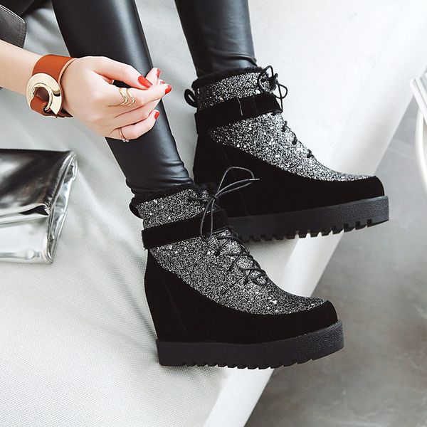 

2019 winter women's leather casual shoes height increasing ankle boots wedge boots heels hidden shoes woman platform botas black