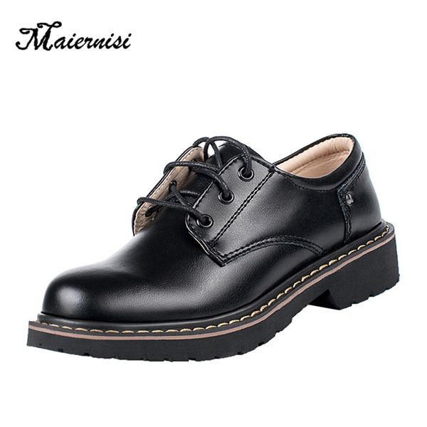 

maiernisi new womens pumps black color cowskin daily shoes lace up low heels female shoes black all-match