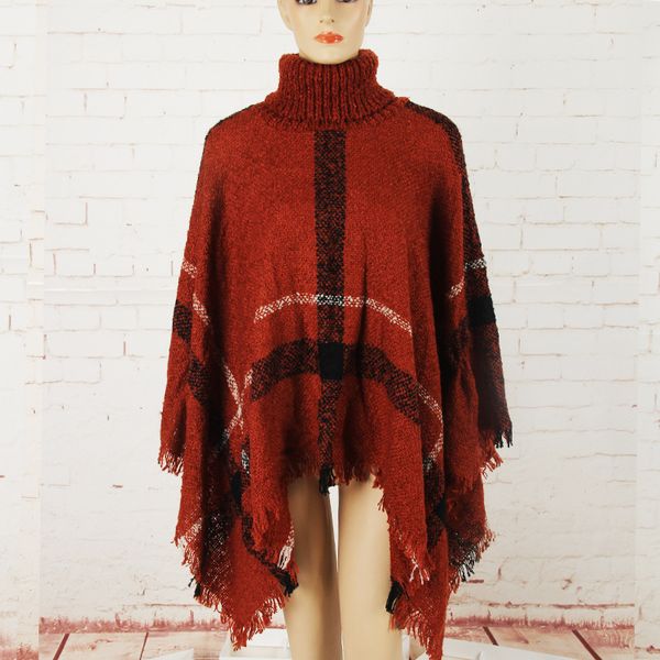 

wholesale-women plaid cloak autumn winter shawl high collar sweater scarf batwing tassels poncho for girl knitted cape outwear, Blue;gray
