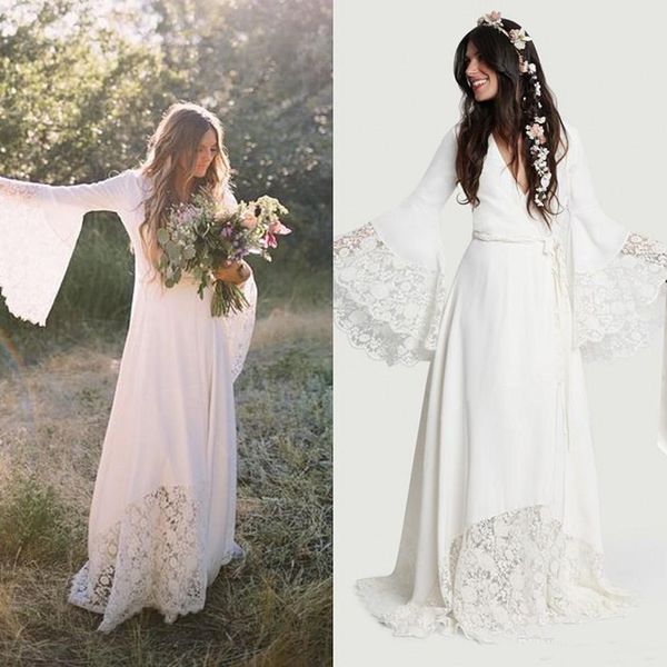 

boho wedding dresses lace chiffon long flare sleeve v neck bohemian bridal gowns 2020 elegant beach wedding vestido de noiva, White
