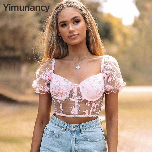 

yimunancy frloal embroidery lace women puff sleeve crop ladies 2020 summer pink mesh, White