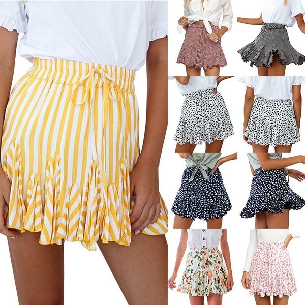 

skirts women 2020 summer stripe floral print lace up decor ruffles casual a-line high waist mini skirt lady beach holiday female, Black