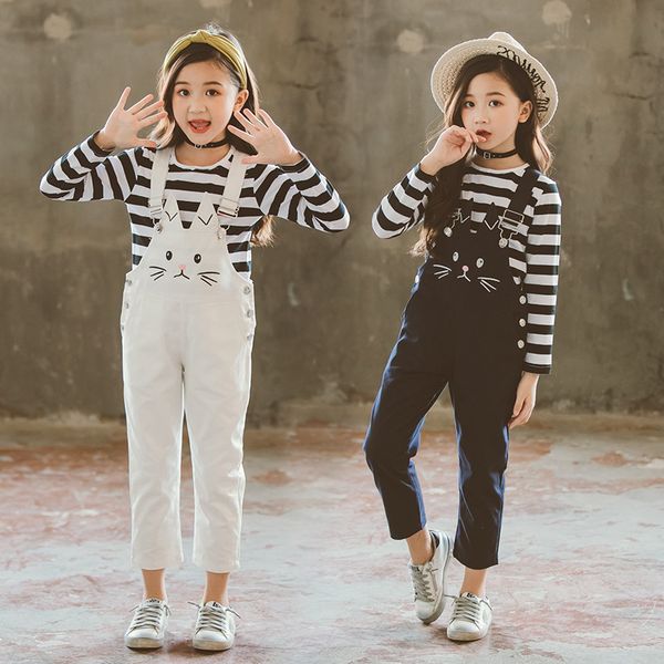 

2019 girl autumn fashion children's clothing sets stripe shirt+cute cat bib pants 2pcs suit kids clothes girls clothing set, White