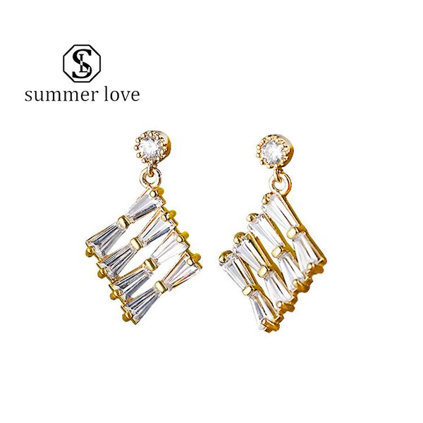 

925 silver gold geometric rhombus earrings with zircon simple 2 style square earrings fashion korean earring jewerly for women y