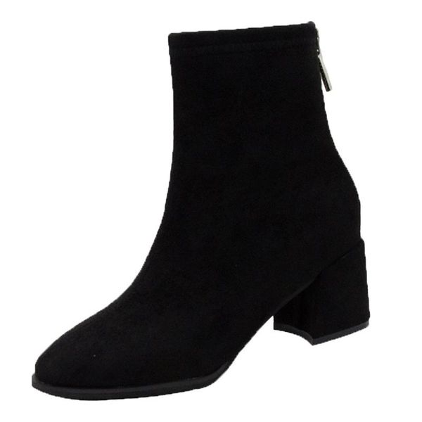 

2020 autumn and winter boots women's suede single boots back zipper high-heeled round head with low, Black