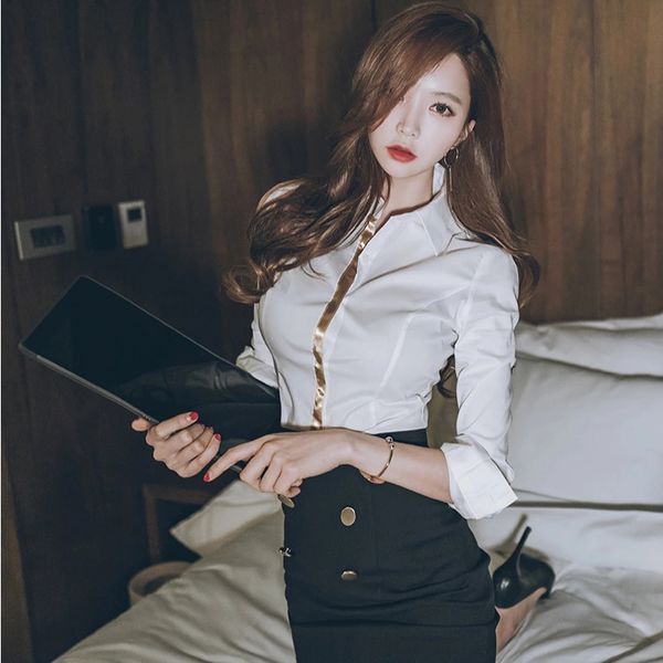 

autumn korean version of temperament office lady long-sleeved lapel slim white shirt + split bag hip double-breasted skirt two-piece suit