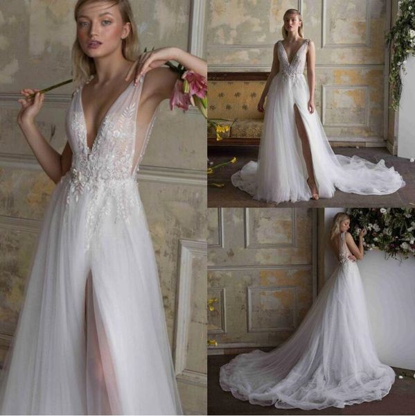 

limor rosen 2019 пляж свадебные платья иллюзия глубокий v шеи спереди сплит кружева аппликации boho свадебные платья сексуальная спинки лини, White