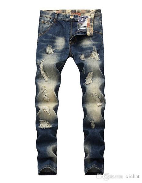 

2018 big size jeans new men's hole style washed jeans denim rivet pants white casual streight leg jeans size 28-40 cj2802, Blue