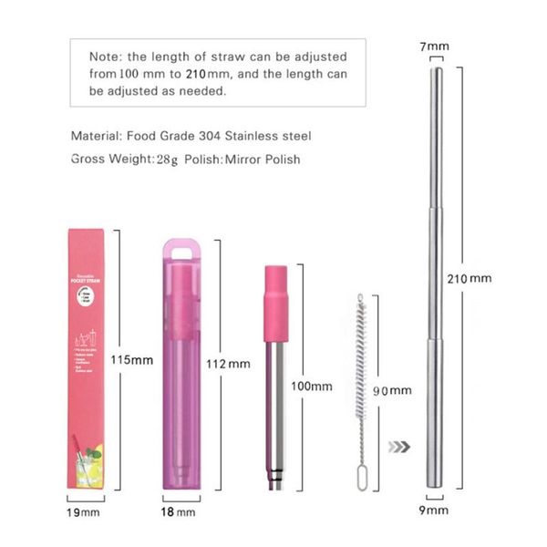 

3pcs/set stainless steel telescopic reusable folding straw set portable drinking straw for travel metal drink straw brush other bar products