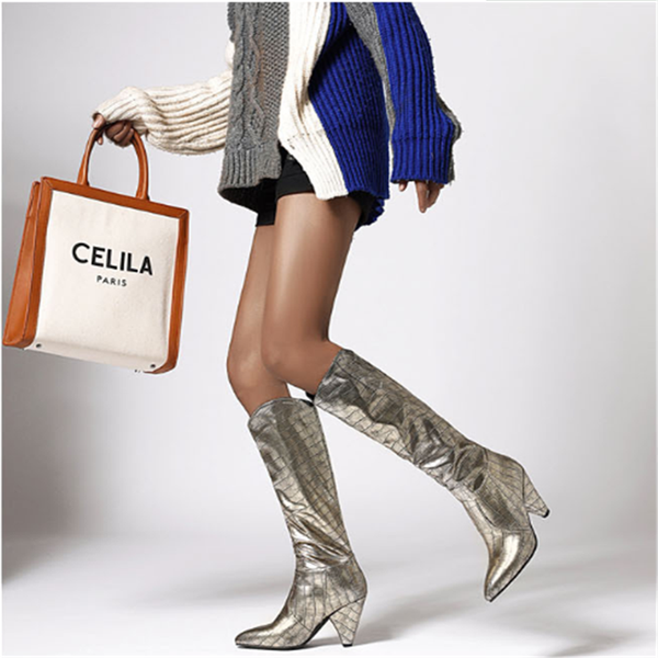 

fashion knee-high boots women luxury leather over the knee boots women embossed leather cone wild women's botines, Black