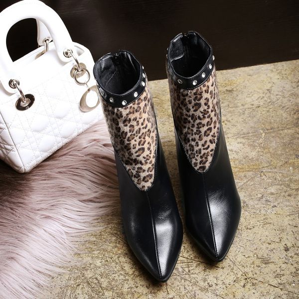 

oversized boots women shoes ankle boots for women ladies leopard print stitching hydraulic drill back zipper, Black