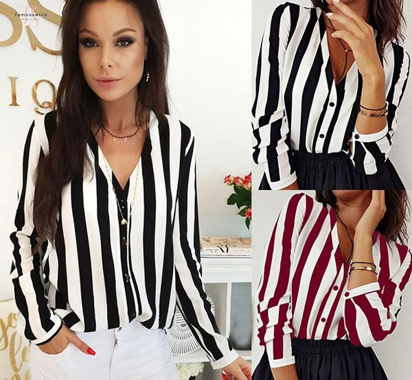 

мода новых женщины v-образный вырез блузка рубашка с длинным рукавом женские полосатые верхней рубашкой blusas женской блузы new дряблой при, White