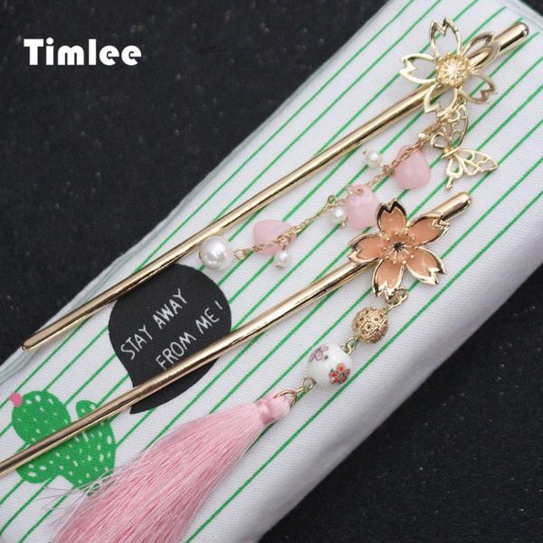 

timlee h020 sweet pink cherry blossom butterfly flower tassels hair sticks beautiful hair accessory wholesale, Golden;white