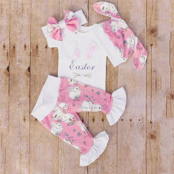 

newborn baby girl cotton romper baby short-sleeved alphabet shirt+print trousers+hat+hairband girls clothing suit, White