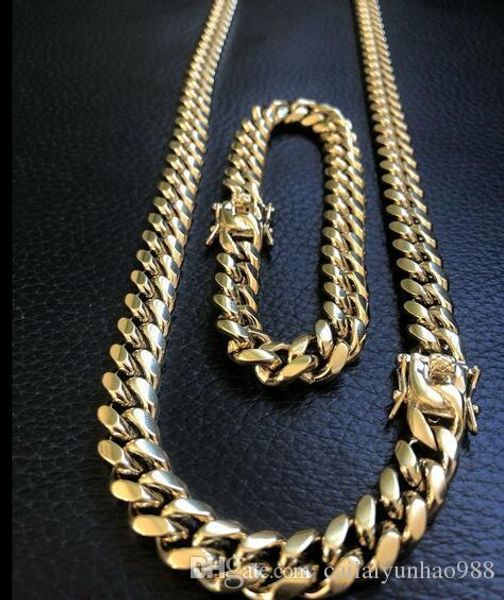 

10mm mens miami cuban link bracelet & chain set 14k gold plated stainless steel, Silver