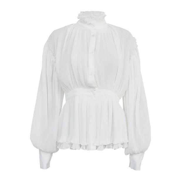 

женская рубашка весна / лето 2020 новая рубашка фонарь рукав длинный рукав женская белая модная плиссированная блузка женщины, White