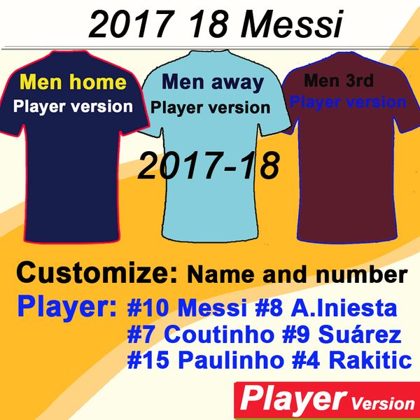 

2017 18 messi suarez player version soccer jerseys rakitic pique a.iniesta men home away coutinho short sleeves football shirts uniform, Black;yellow