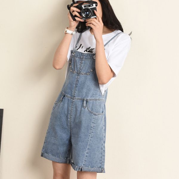 

girl loose fashion denim jean shorts women large size bib pants playful sling frayed denim shorts for female, Blue