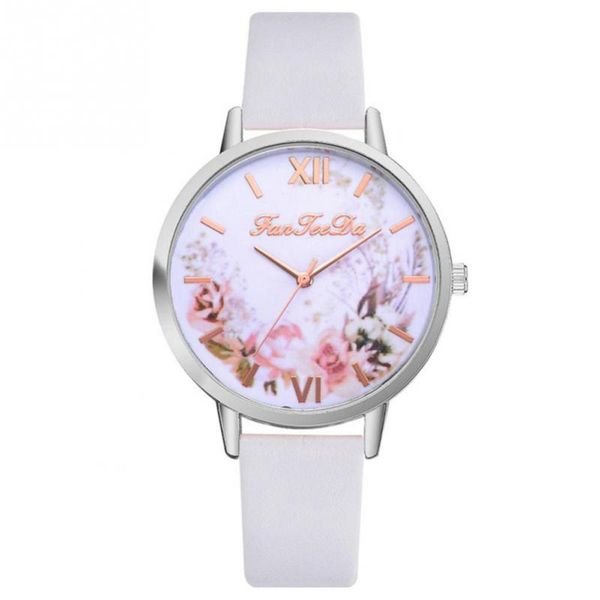 

fanteeda fashionable flower pattern round dial pu leather female wristwatch, Slivery;brown