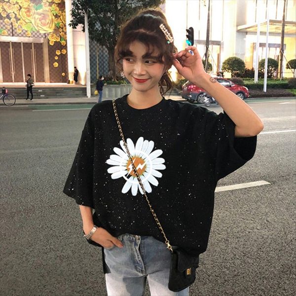 

super fire short-sleeved t-shirt women's loose 2020 sequins sequins student shiny black fashion, White