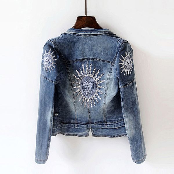 

2019 spring women fashion sequins jackets long-sleeved stretch slim denim jacket sun plus size short jacket coat cool streetwear, Black;brown