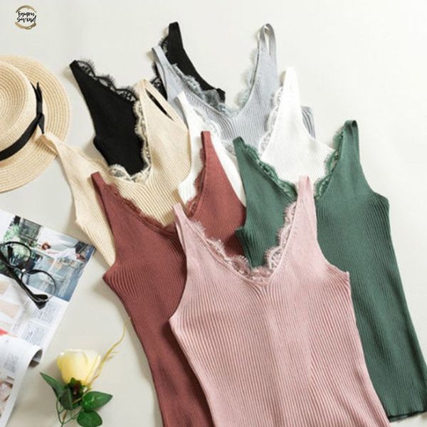 

black green white pink knitted tank women summer camisole vest stretchable ladies v-neck slim strappy camis