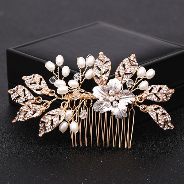 

trendy flower gold color pearl bridal wedding hair combs hair accessories for bridal crystal leaf headpiece women jewelry, Golden;white