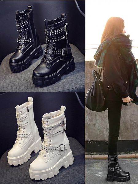

boot girl 2019 new british wind thick bottom increases short boots autumn shoes handsome medium cylinder locomotive boots, Black