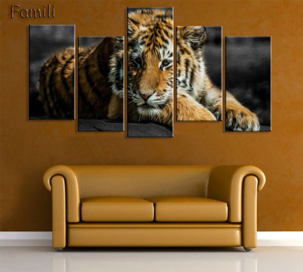 

5Panels Modern Printed Tiger Canvas Painting Cuadros Picture Animal Landscape Oil Paintings For Living Room (No Frame)