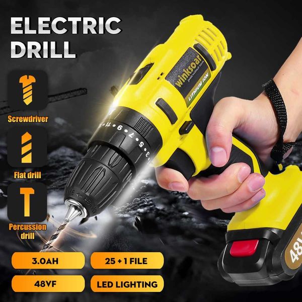 

48v cordless electric screwdriver high torque adjustment electric drill rechargeable li-ion battery led lights drill power tools