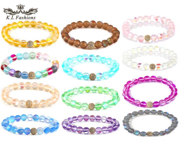 

fashion glass flash stone beaded bracelet 8mm 6mm dull polish frosted colorful moonstone beads zircon copper ball bracelet for women men, Black