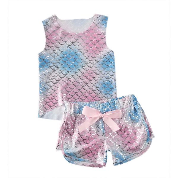 

fashion 2pcs set toddler baby girl summer clothes fish scale sleeveless tank t shirt +shorts casual outfit, White