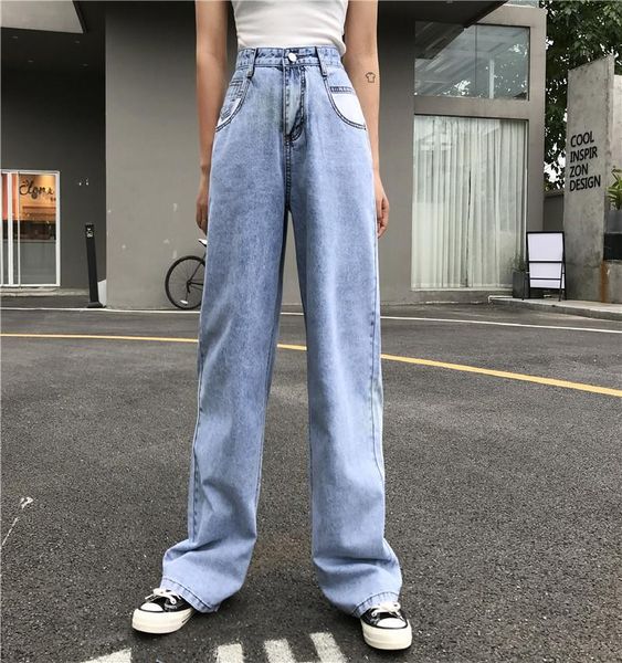 

februaryfrost 2020 women slim mom high waisted wide leg woman jeans casual korean blue loose long denim pants trouser streetwear