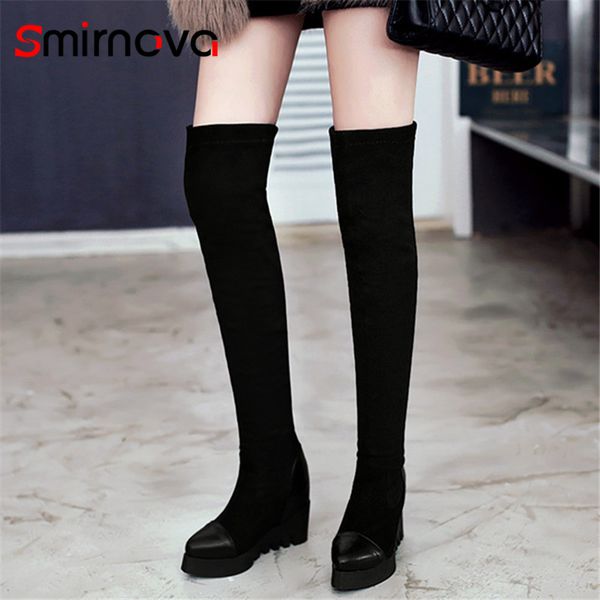 

smirnova new arrive 2020 winter keep warm over the knee boots elegant flock+pu leather woman boots platform ladies, Black